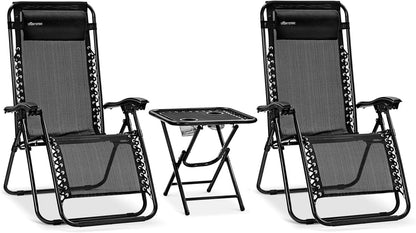 Serenelife Sun Lounger, Set of 2 Sun Loungers - Adjustable Garden Loungers with Side Table, 2 Cup Holders and Removable Cushions - Foldable and Portable Lounge Chairs for Terrace, Garden, Beach - Grey - QUORE