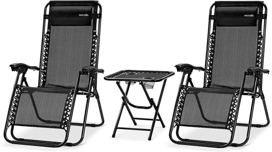 Serenelife Ligstoel, Set van 2 Ligstoelen - Verstelbare Tuinligstoelen met Bijzettafel, 2 Bekerhouders en Afneembare Kussens - Opvouwbare en Draagbare Loungestoelen voor Terras, Tuin, Strand - Grijs