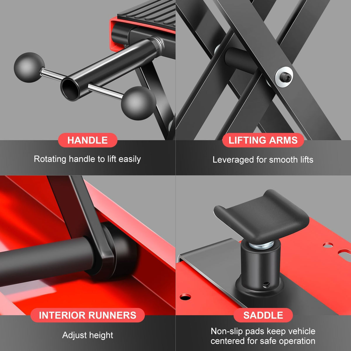 DNA MOTORING TOOLS-00290 Stalen motorfiets ATV schaarhefbrug met zadel en rubberen pad, 2-in-1, 500 kg, hefbereik 9,3-37,5 cm