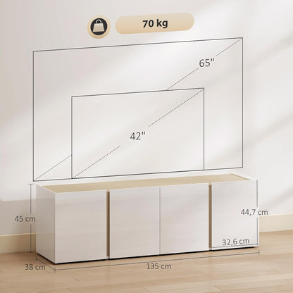 HOMCOM TV Schrank TV Board mit 4 Soft-Close-Türen Hochglanz TV Lowboard für Fernseher bis zu 65 Zoll mit Verstellbaren Ablagen, Kabelmanagement Fernsehtisch für Wohnzimmer Weiß 135x38x45cm