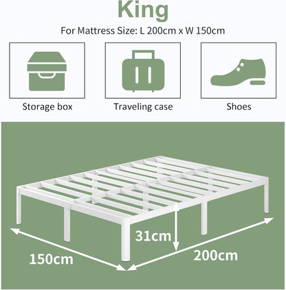 Metalen Bedframe 150x200 cm met Ronde Hoekpoten, Hoogte 30.5cm, Bed Frame 150x200 Metaal met Lattenbodem, Opbergruimte onder het bed, Stabiel, Eenvoudige Montage, Wit