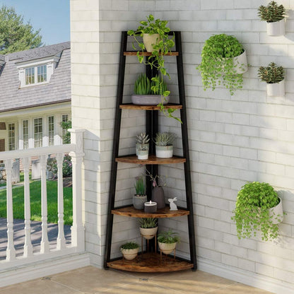 Tribesigns 70" Tall Corner Shelf, 5 Tier Rustic Corner Bookshelf Industrial Corner Ladder Shelf Small Bookcase Plant Stand for Living Room, Kitchen, Home Office
