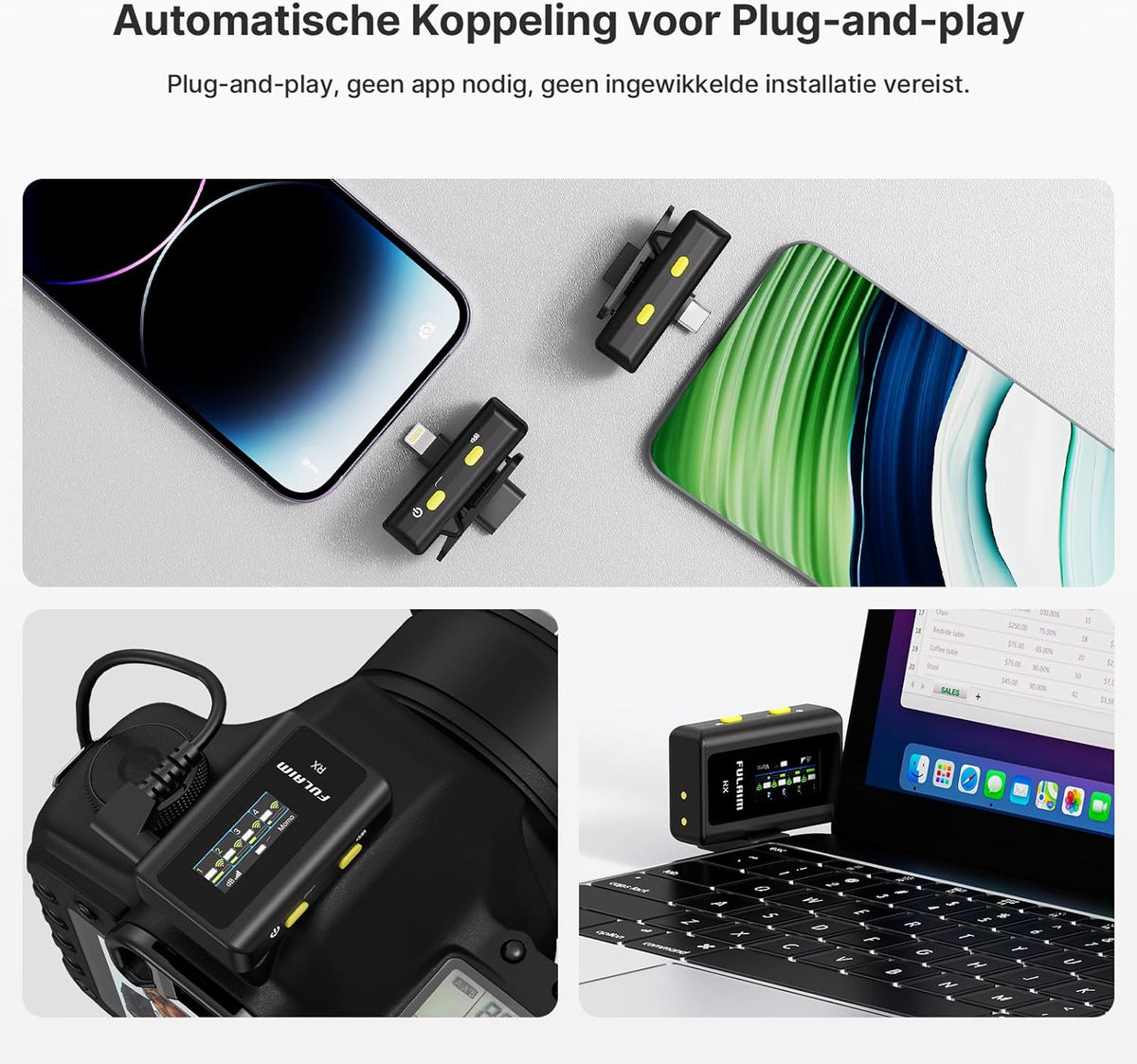 FULAIM X6 Compact, Draadloos Digitaal Microfoonsysteem voor 4 Personen, voor Camera's en Smartphones (2,4 GHz) - Ideaal voor Interviews, Vlogging, Podcasts, Online Lessen, Live Streaming