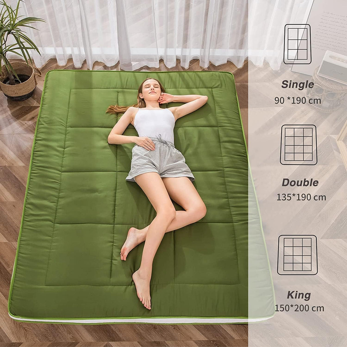 Maxyoyo Futon matras, gewatteerde Japanse vloermatras, gewatteerd, extra dik opvouwbaar slaapkussen, ademend vloerligbed, logeerbed (groen, eenpersoons)