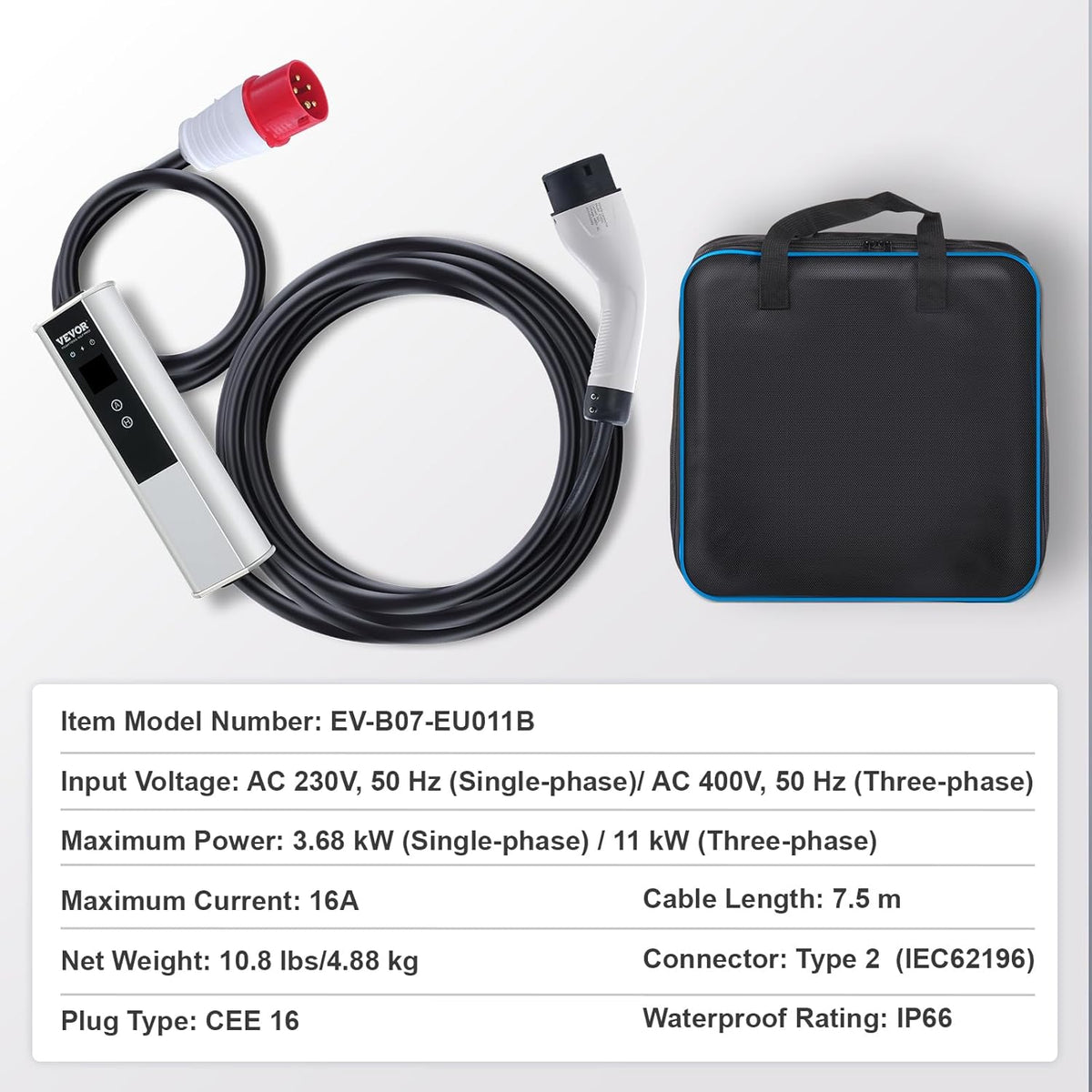 VEVOR EV-oplader, draagbaar, type 2, IEC6219, elektrische autolader, 16 A, 3,68 kW, eenfasig, 11 kW, driefasig, oplaadkabel 7,5 m, CEE-stekker 16 LCD IP66 met opbergtas, haak voor oplaadkabel