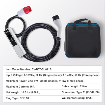 VEVOR EV-oplader, draagbaar, type 2, IEC6219, elektrische autolader, 16 A, 3,68 kW, eenfasig, 11 kW, driefasig, oplaadkabel 7,5 m, CEE-stekker 16 LCD IP66 met opbergtas, haak voor oplaadkabel