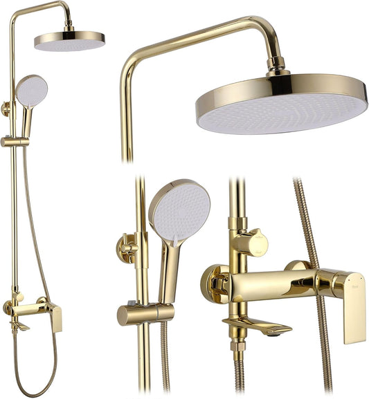 Rea Veneta Gold douchesysteem, doucheset, douchearmatuur met douchekop en douchekop van messing, doucheset, voor badkamer (goud)