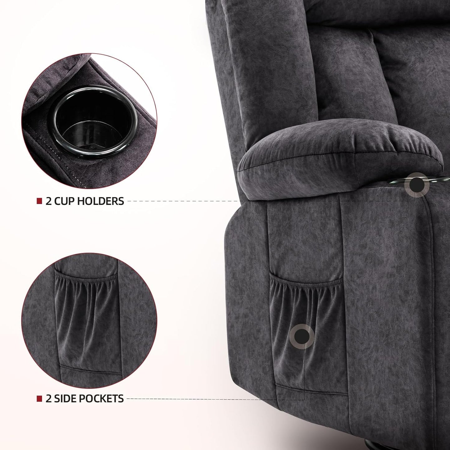 Relaxstoel – Verstelbare Fauteuil – Ligstoel – Loungechair – Draaifauteuil – Met Voetensteun – Ademend Stof – Met Bekerhouders en Opbergruimte – Grijs