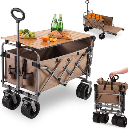 Opvouwbare Bolderwagen met Brede Wielen en Rem, 120KG Transportkar voor Multi-Terrein met Opvouwbare Achterklep, Tuinwagen Campingkar voor Picknick, Vissen, Buiten (Met Tafelblad)