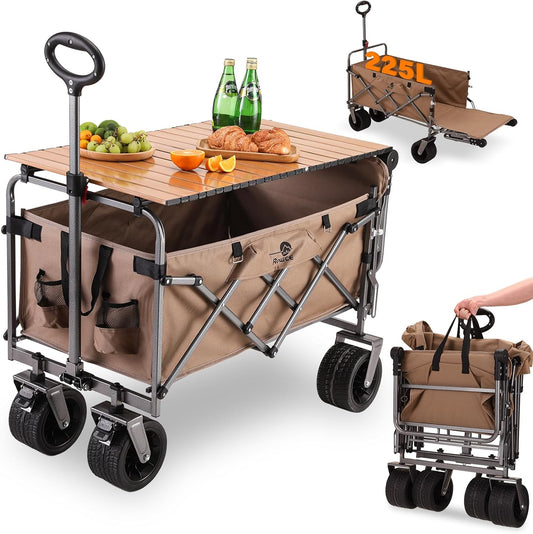 Opvouwbare Bolderwagen met Brede Wielen en Rem, 120KG Transportkar voor Multi-Terrein met Opvouwbare Achterklep, Tuinwagen Campingkar voor Picknick, Vissen, Buiten (Met Tafelblad)