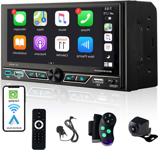 Car Radio 2 DIN with 6.8" Screen Touch Screen, Compatible with Wireless Apple CarPlay/Android Car Bluetooth Rear Camera AM/FM/RDS Radio Type-C USB 2.1A Fast Charging - QUORE