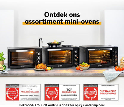 TZS First Austria - Minibakoven 35L 1600W - Mini Bakoven Pizzaoven traploze temperatuurregeling tot 230°C & antiaanbaklaag - Minioven 60 min. timer, 3 inschuifhoogtes, bakplaat & grillrooster