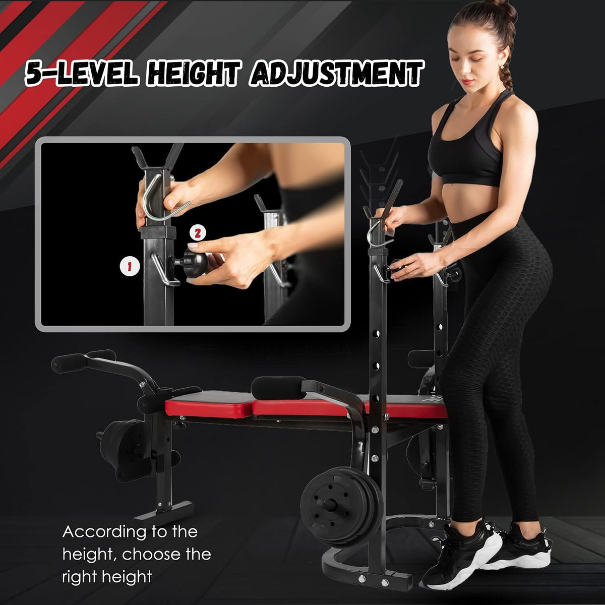 ISE Multifunctionele trainingsbank, halterbank, verstelbaar, inklapbaar, met beencurler, semi-professioneel, huishoudelijk fitnessapparaat voor kniebuigingen, bankdrukken, rompbuiging, belastbaar tot 120 kg - QUORE