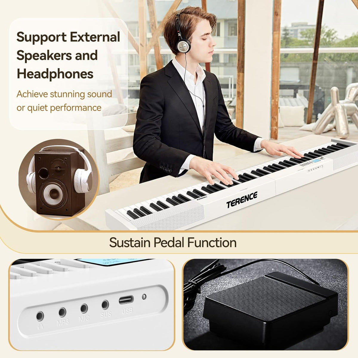 E Piano 88 toetsen – Keyboard Piano – Digitale Piano – Elektrische Piano – 88 Toetsen Keyboard – Opvouwbaar – Bluetooth & MIDI – Wit