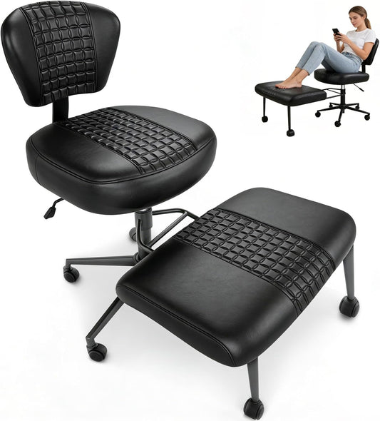 PU ergonomische bureaustoel met gekruiste poten, comfortabele stoel met gekruiste poten en wieltjes, zachtheid van een bank, krasbestendig, bredere en dikkere kussens, 360° draaibare meditatiestoel