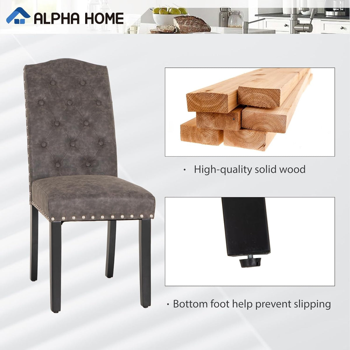 ALPHA HOME Dining Chairs Set of 6, Upholstered Kitchen Chair, Dining Chairs, Tufted Kitchen Chairs with Solid Wood Legs and High Backrest, Faux Leather Padded Parson Chairs, Grey