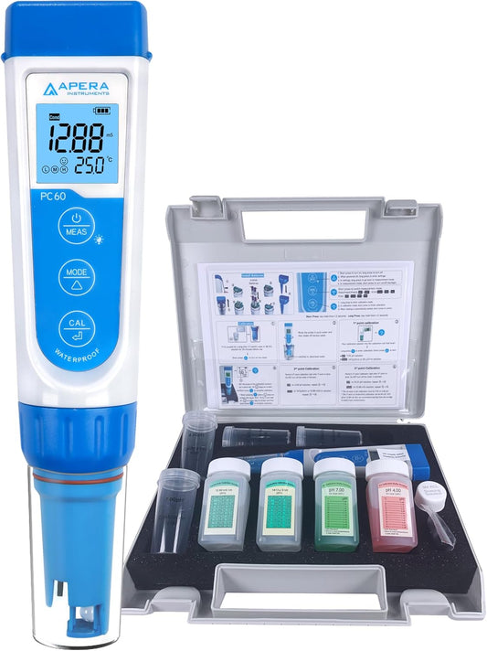 Apera Instruments PC60 Premium 5-in-1 multiparameter-meter (pH-waarde, geleidbaarheid/EC, TDS, zoutgehalte, temperatuur, pH 0,01/1% nauwkeurigheid, verwisselbare elektrode, waterdicht)