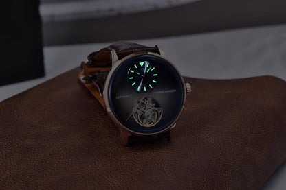 Pagani Design Mechanisch automatisch horloge voor heren, mechanisch visiewerk, behuizing 42 mm van staal 316L armband van PU-leer, waterdicht, 100 m (10 ATM), saffierglas