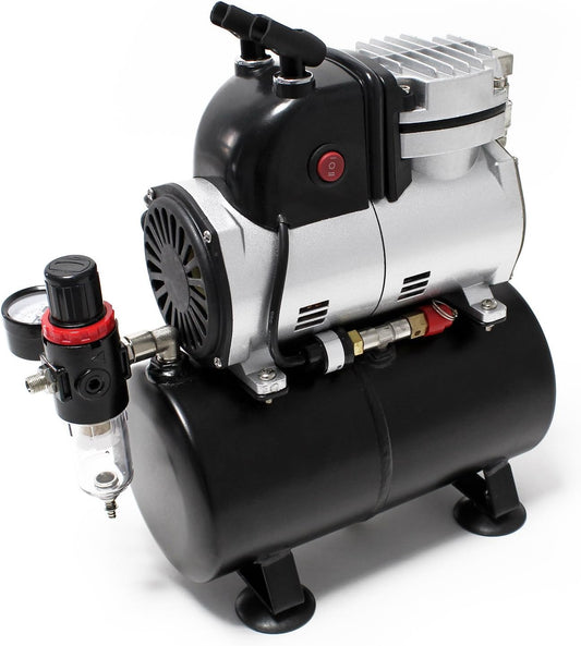 Wiltec airbrush zuigercompressor AF189 airbrushcompressor met 1 cilinder en luchttank voor werking tot 6 bar met manometer