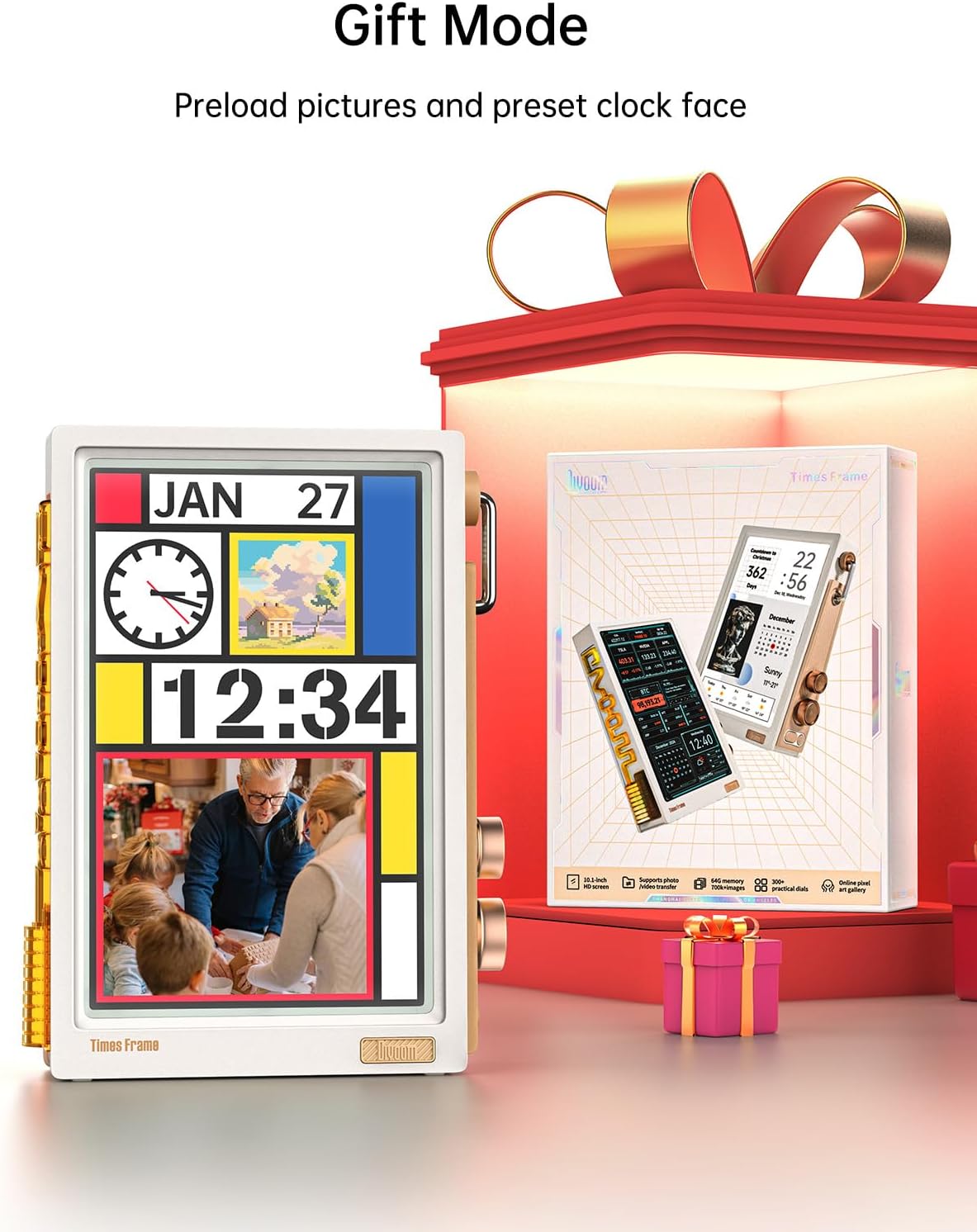 Divoom Times Frame Transparante digitale fotolijst (10,1 inch) met wifi en 64 GB, IPS-display met zwevend effect en RGB-draaiknop, 400+ wijzerplaten, widgets en pixel-art community (wit)