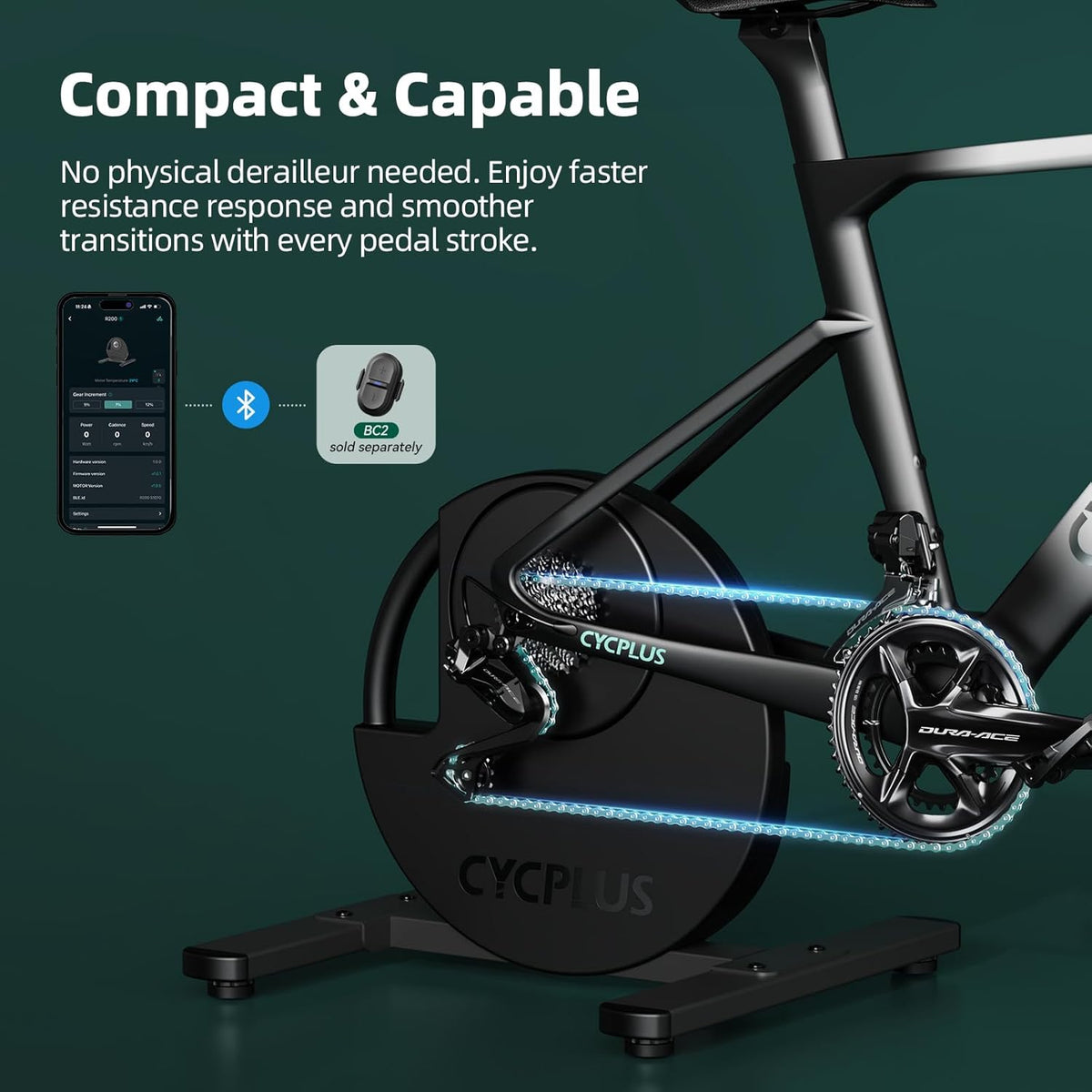 CYCPLUS R200 Smart Indoor Bike Trainer, 2200 W borstelloze motor, 19% gradiëntsimulator, BLE & ANT+ Dual Mode, Virtueel schakelen, Simulatie bergopwaarts en bergafwaarts, super stilte voor realistisch