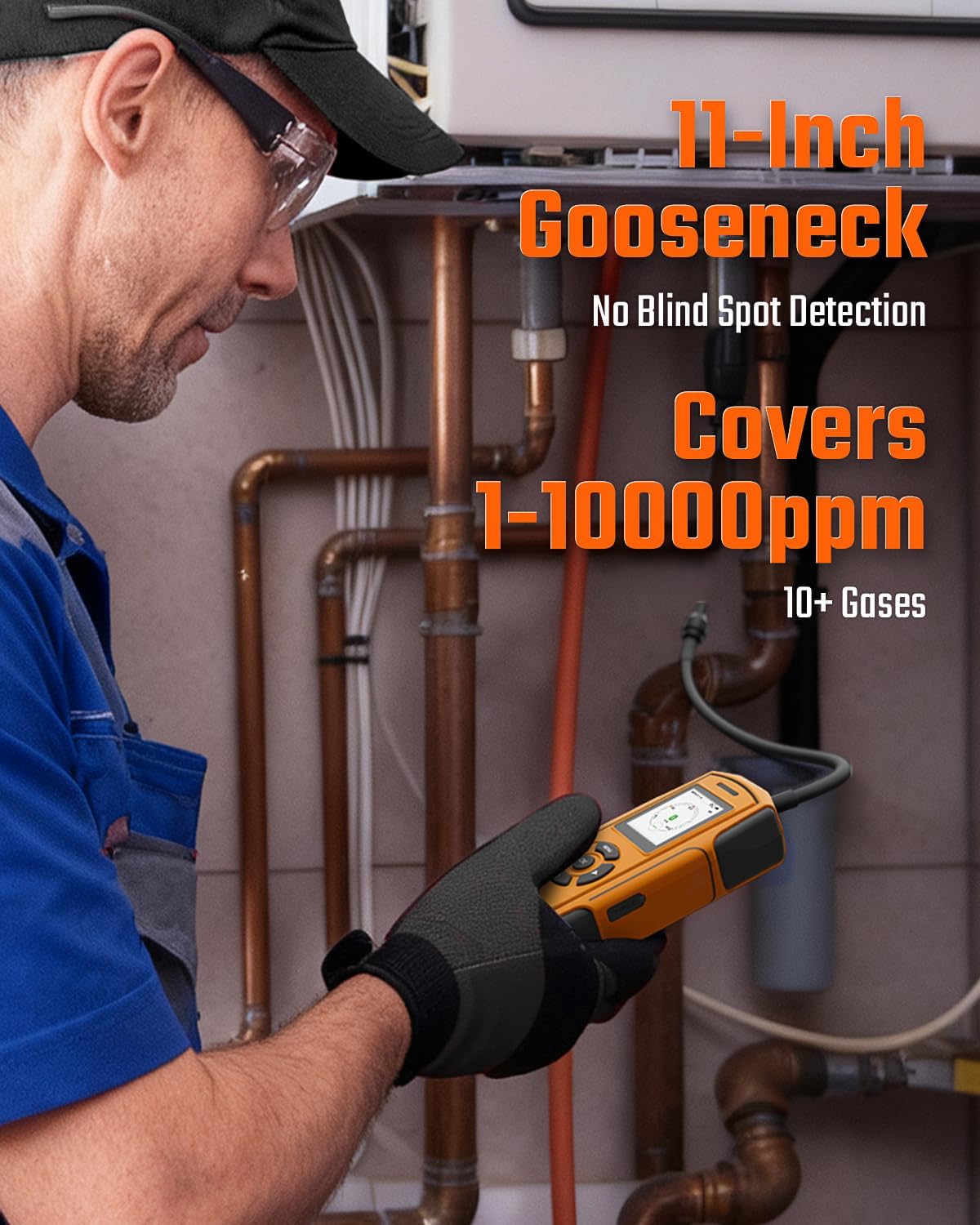 TopTes PT-990 Oplaadbare gaslekdetector met 28 cm flexibele sonde, detectiebereik 0-10.000 ppm, gegevensregistratie en 3 alarmsoorten, gasmelder voor propaan, methaan voor industrie, oranje