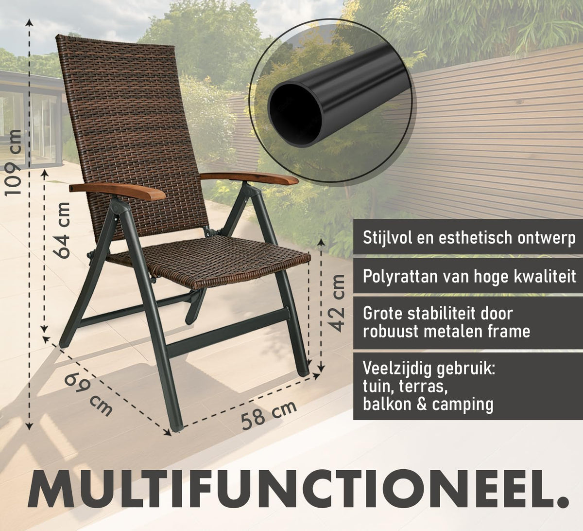 BRUBAKER Set of 2 Polyrattan Garden Chairs Modena - High Backrest Foldable - 8-way adjustable Backrest - Folding Chair Aluminium - Weatherproof - Brown/Grey - QUORE