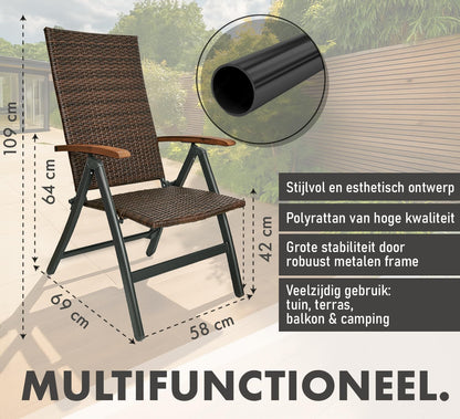 BRUBAKER Set of 2 Polyrattan Garden Chairs Modena - High Backrest Foldable - 8-way adjustable Backrest - Folding Chair Aluminium - Weatherproof - Brown/Grey - QUORE