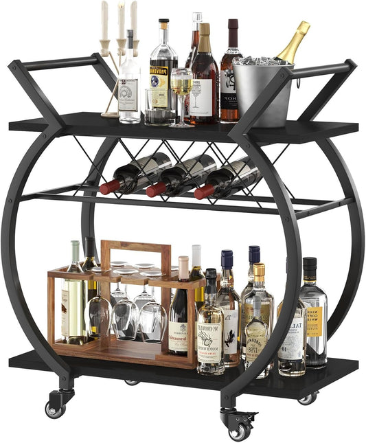LVB Drankenkar zwart, moderne barwagen, hout en metaal combinatie, 4 draaibare wielen, opbergrek, ideaal voor salon of dining