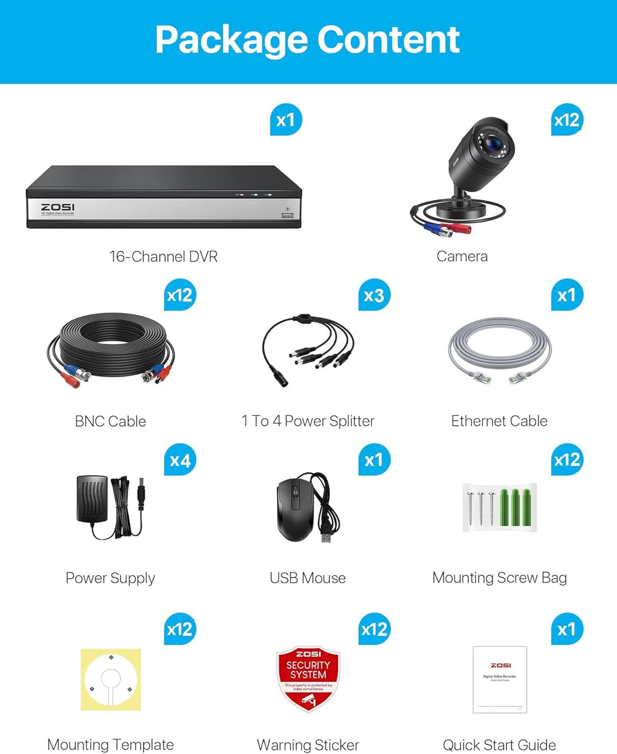 ZOSI 1080P Outdoor Bewakingscamera Set, 16CH DVR met 12x 2MP Beveiligingscamera 2TB Harde Schijf, Bewegings Detectie en Direct Alarm, Toegang op Afstand