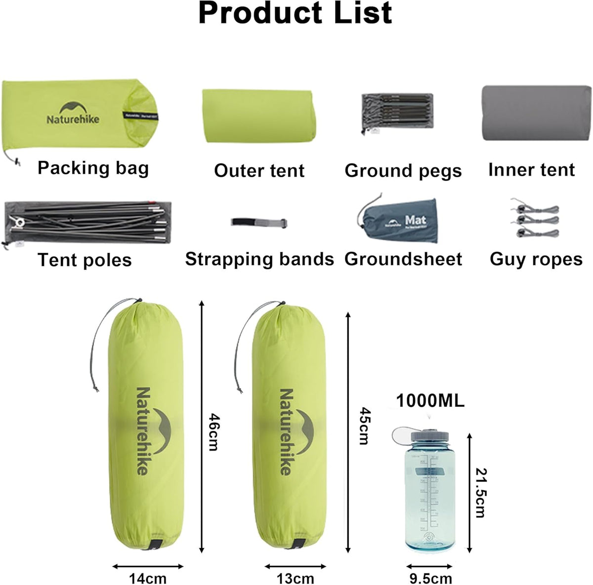 Naturehike PU1500+, ultralichte tent, 780/960 g, waterdichte campingtent, 3-seizoenen wandeltent, 1/2 persoon, voor snelle wandelingen, fietstochten en motortochten