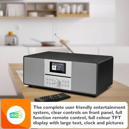 MS4+ CD-speler DAB-radio hifi-systeem I Bluetooth I krachtig stereosysteem I digitale radio DAB+I Akoestische houten kast ICD-speler met luidsprekers I40 presets, hoofdtelefoonaansluiting I