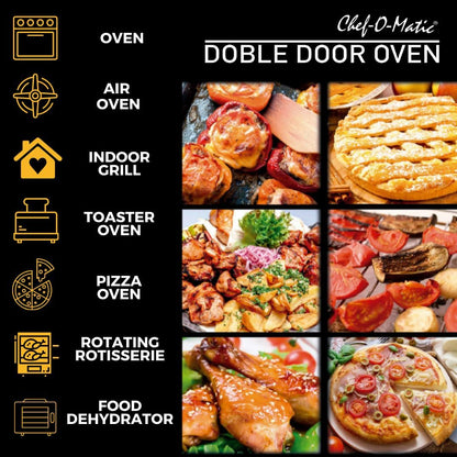 CHEF -O- MATIC Doble Door - dubbele deur friteuse en oven, 28 L,18 programma's, 1700 W, binnengrill, broodrooster, draaispies, voedseldrager, LCD-scherm