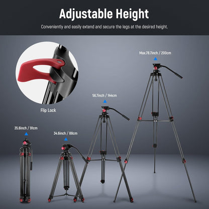 NEEWER 79"/200cm Video Statief, Heavy Duty Aluminium Camera Statief Stand met 360° Fluid Drag Head, QR Plaat Compatibel met Canon Nikon Sony en andere DSLR Camera Camcorder, Belasting tot 17,6lb/8kg