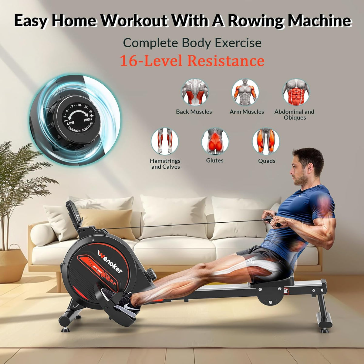 Rowing Machine, Wenoker Magnetic Rowing Machine for Home, 350lbs Weight Capacity, Smooth Whisper Quiet with LCD Monitor Tablet Holder and Comfortable Seat Cushion, Compact and Save Space - QUORE