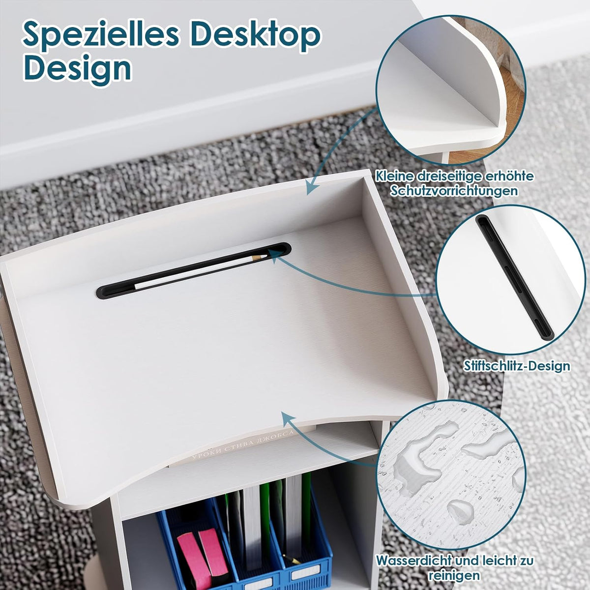 Sta-bureau, podiumstandaard met lade, sprekerbureau van hout met wieltjes, houten podium met meertraps plank voor scholen, huizen, seminars en kerken, wit (60 x 40 x 101 cm)
