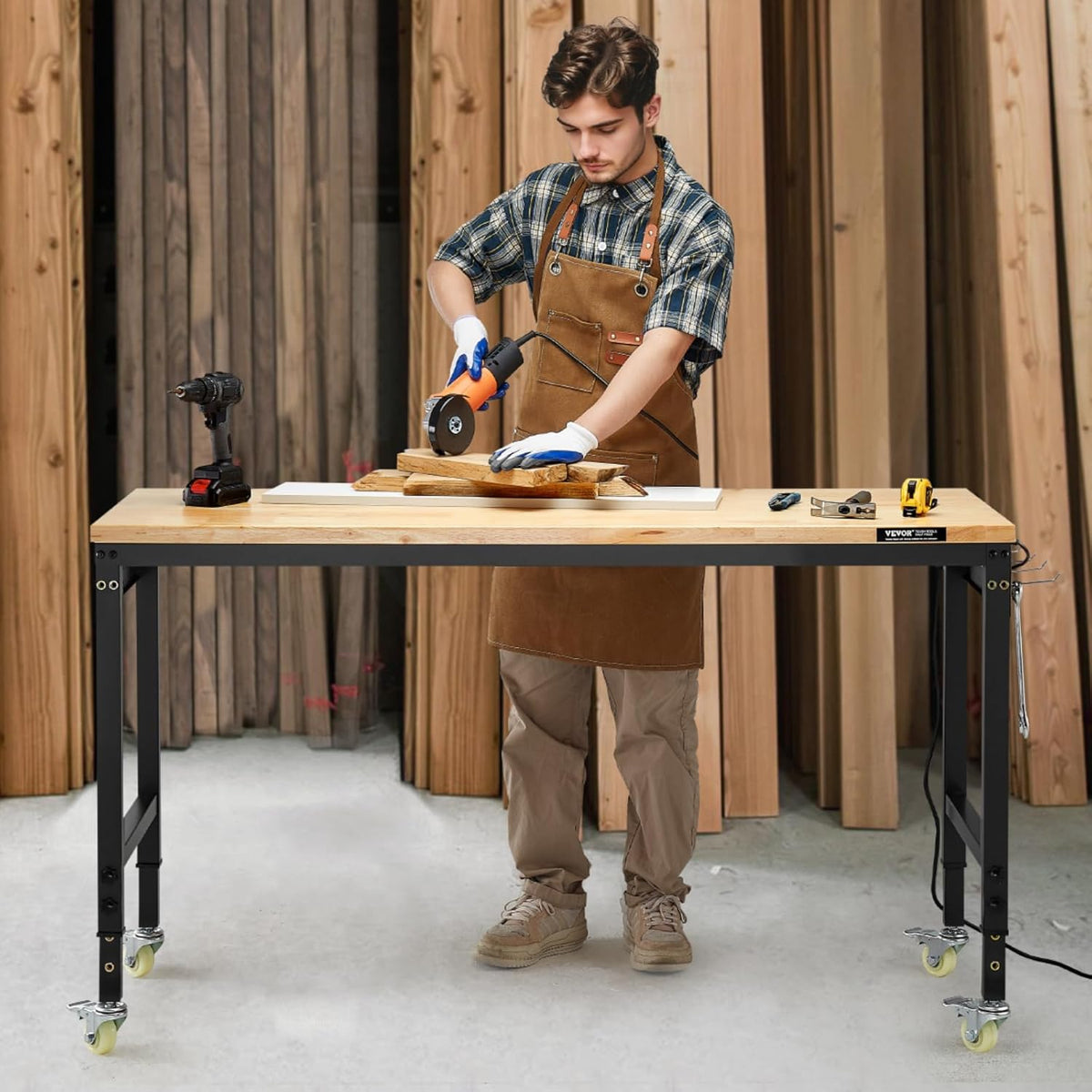 VEVOR 60 Inch Adjustable Workbench, 900 kg Load, Workbench with Socket, Wheels and Pegboard, Heavy Duty Oak Work Table for Garage, Workshop, Office and Home