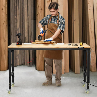 VEVOR 60 Inch Adjustable Workbench, 900 kg Load, Workbench with Socket, Wheels and Pegboard, Heavy Duty Oak Work Table for Garage, Workshop, Office and Home