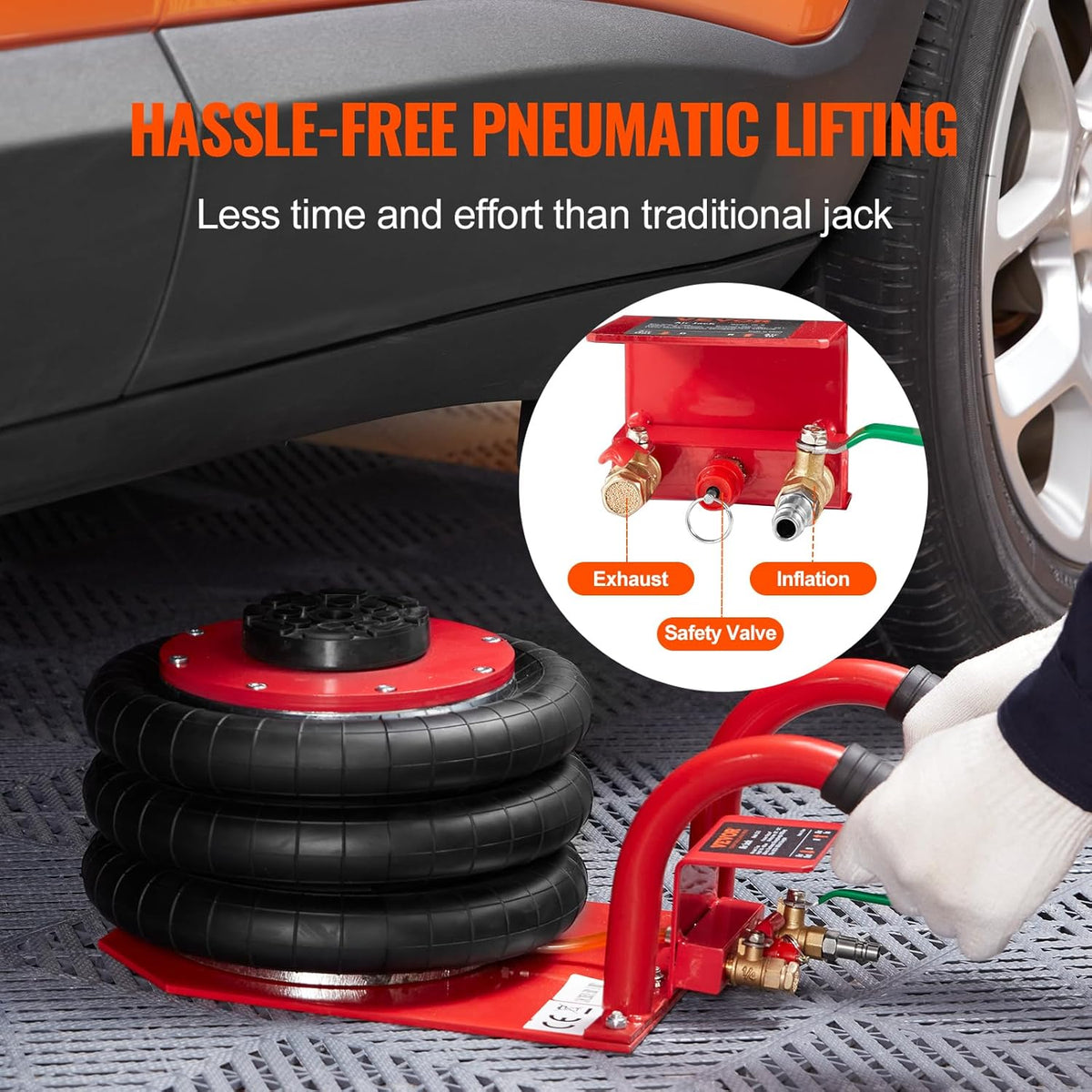 VEVOR Pneumatic Jack 3T 140-450mm Pneumatic Lifting Jack 0.8-1.0MPa Inflatable Jack 3 Air Cushions Fast Lifting Easy Portable for Repair Maintenance Car SUV Workshop Garage Red