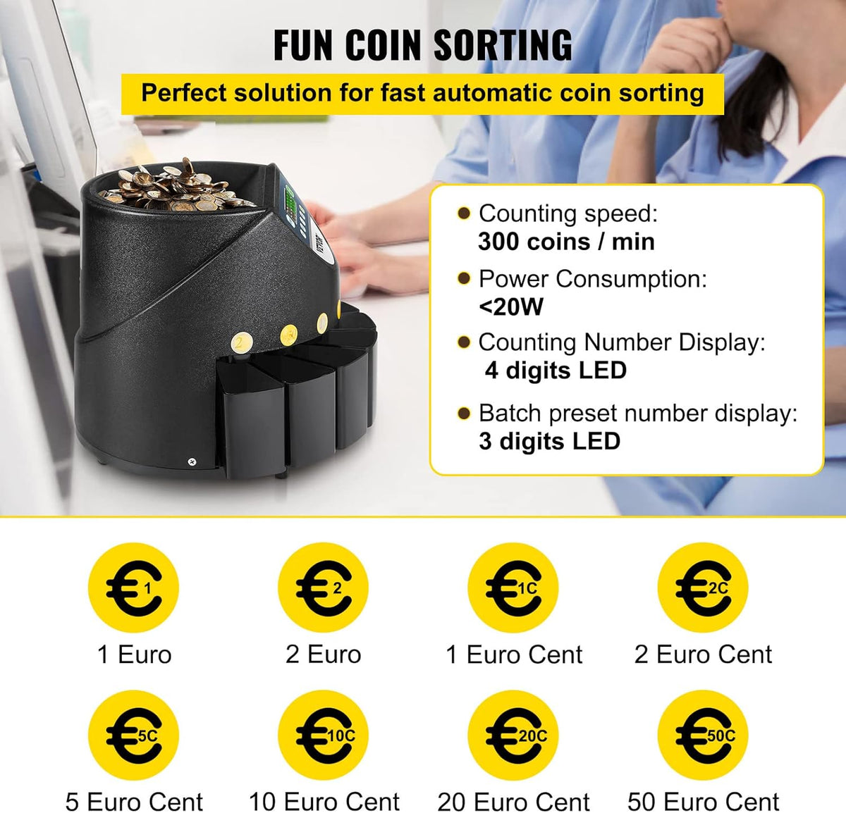 Muntensorteerder Zilver – Muntteller – Muntenteller – Muntenmachine – Euromuntensorteerder – 300 Munten/Min – 8 Verzamelbakken