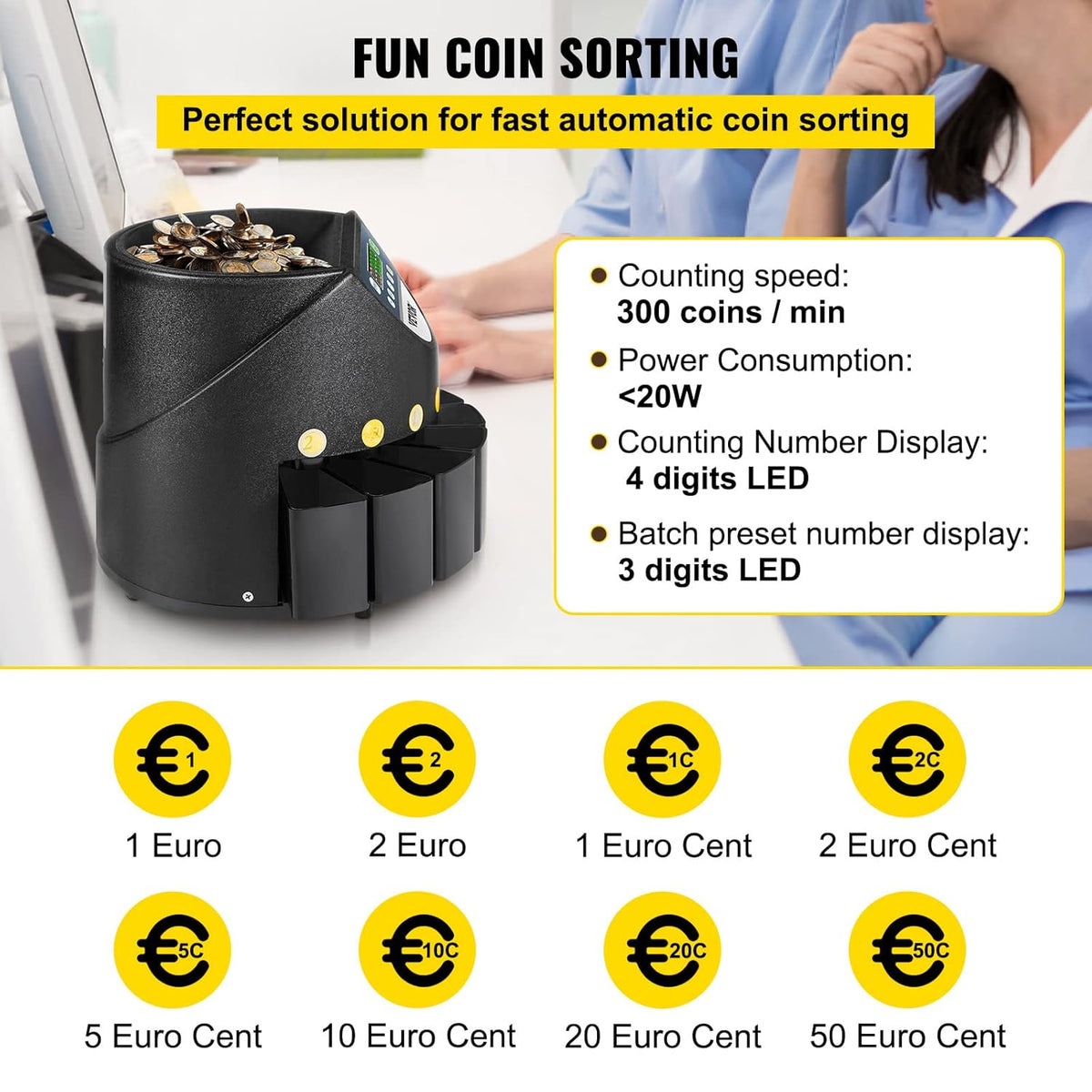 VEVOR Professionele euromuntenteller, 220 V, 300 munten per minuut, muntsorteerder, 7-cijferig led-display, munttelmachine met 8 zeer nauwkeurige verzameldozen