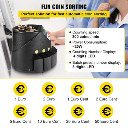 VEVOR Professionele euromuntenteller, 220 V, 300 munten per minuut, muntsorteerder, 7-cijferig led-display, munttelmachine met 8 zeer nauwkeurige verzameldozen