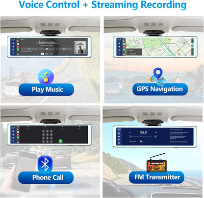 Podofo spiegel dashcam met achteruitkijkcamera met Apple Carplay Android Auto 11,26 inch IPS touchscreen Dual 1080P achteruitkijkspiegel dashcam dashcam auto, 2 gedeelde schermen, Bluetooth