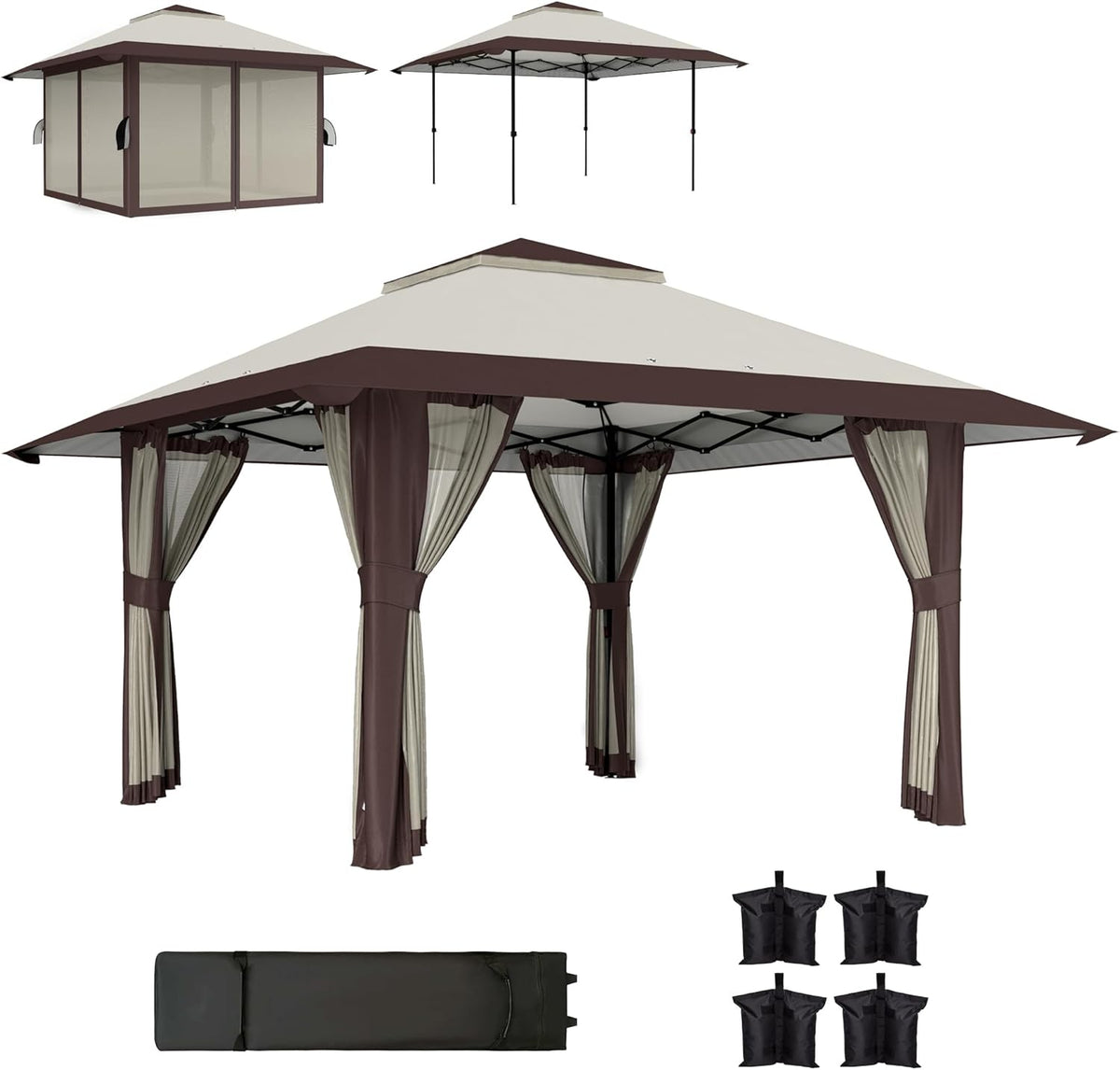 Outsunny Pavillon 4x4m Wasserdicht Höhenverstellbar Pop-up Faltpavillon mit Netzwänden UV 50+ Faltbar Partyzelt Gartenzelt mit Tragetasche Sandsäcke Gartenpavillon für Camping Garten Festival, Beige - QUORE