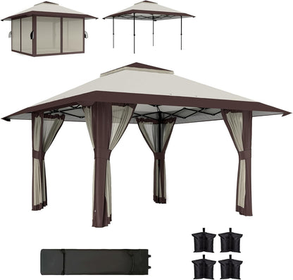 Outsunny Pavillon 4x4m Wasserdicht Höhenverstellbar Pop-up Faltpavillon mit Netzwänden UV 50+ Faltbar Partyzelt Gartenzelt mit Tragetasche Sandsäcke Gartenpavillon für Camping Garten Festival, Beige - QUORE