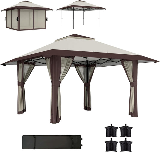 Outsunny Pavillon 4x4m Wasserdicht Höhenverstellbar Pop-up Faltpavillon mit Netzwänden UV 50+ Faltbar Partyzelt Gartenzelt mit Tragetasche Sandsäcke Gartenpavillon für Camping Garten Festival, Beige - QUORE
