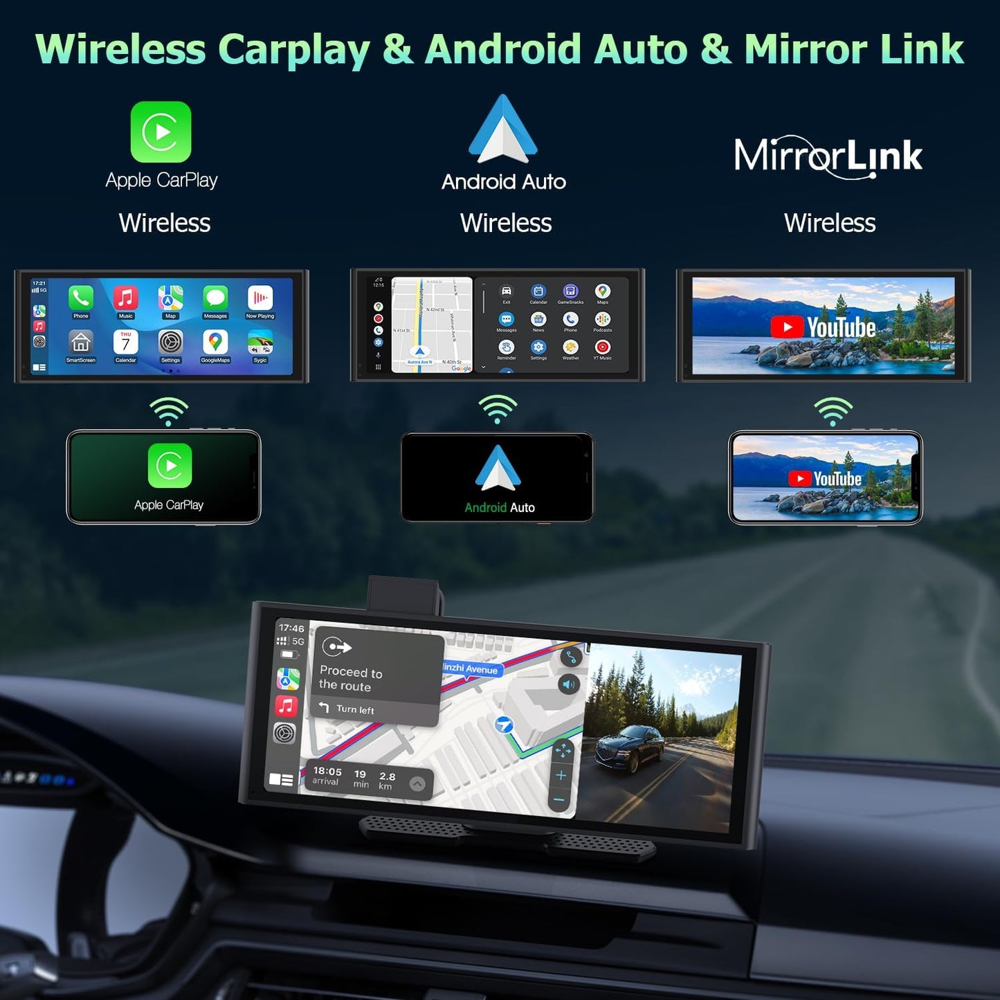 Android Auto Display 10,26 inch IPS Touchscreen CarPlay Display met 4K dashcam en 1080p achteruitrijcamera loop-opname draagbare autoradio met navigatie spiegel link 64G TF