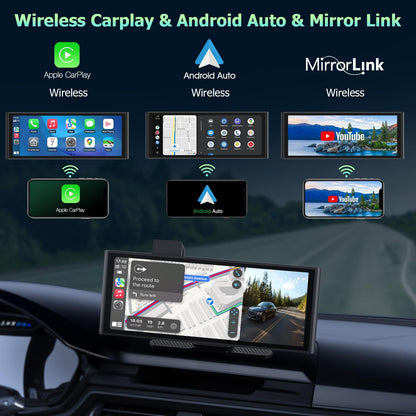Android Auto Display 10,26 inch IPS Touchscreen CarPlay Display met 4K dashcam en 1080p achteruitrijcamera loop-opname draagbare autoradio met navigatie spiegel link 64G TF
