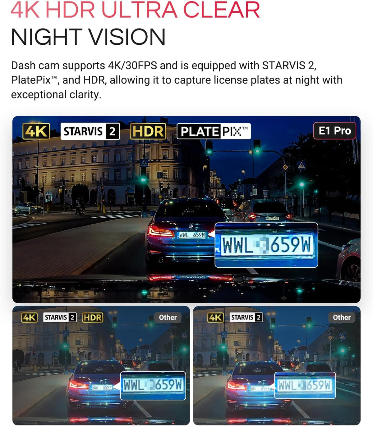 VANTRUE E1 Pro 4K Mini Dash Cam Voorkant, STARVIS 2 Plate Pix™ HDR Nachtzicht Autocamera, Ingebouwde 5G WiFi GPS, 1,54'' scherm, LTE-ondersteuning, Spraakbesturing, 24H Gebufferde Parkeermodus, On