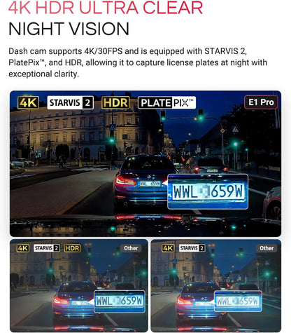 VANTRUE E1 Pro 4K Mini Dash Cam Voorkant, STARVIS 2 Plate Pix™ HDR Nachtzicht Autocamera, Ingebouwde 5G WiFi GPS, 1,54'' scherm, LTE-ondersteuning, Spraakbesturing, 24H Gebufferde Parkeermodus, On